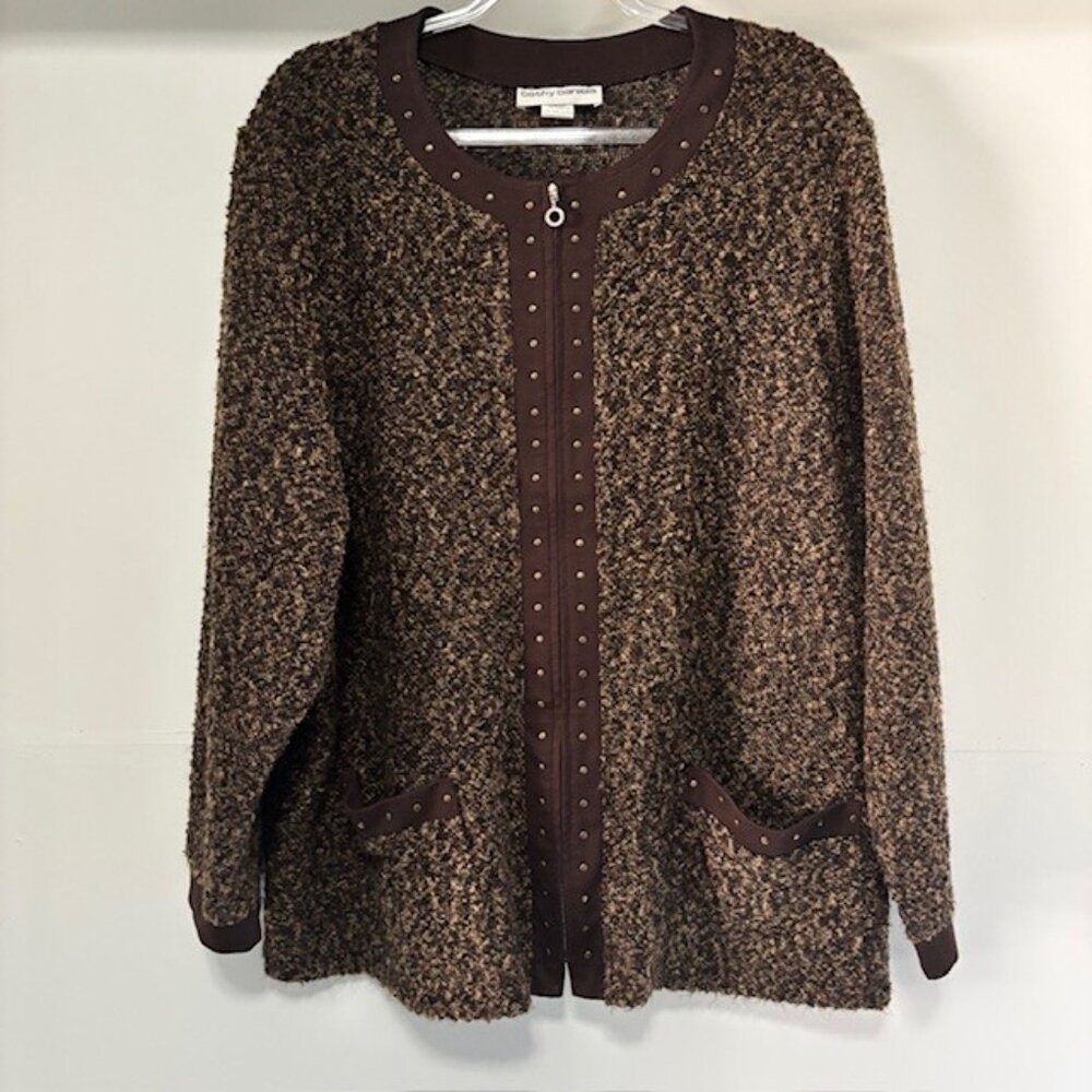 Cathy Daniels Cardigan Brown Knit Zip Jacket 3x Studded Warm Bling Layering Chic